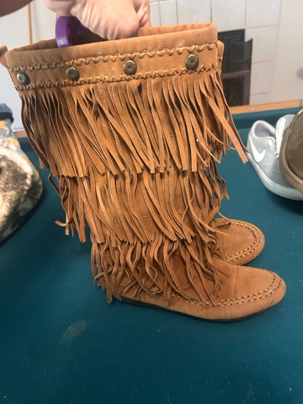 Hot Cakes Tan Suede Fringe Lace-Up Boots